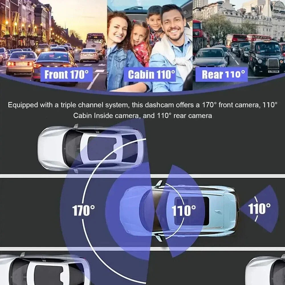 Car Dash Cam 1080P Dual Lens Front/Rear/Inside -sensor Video Recorder Monitor System