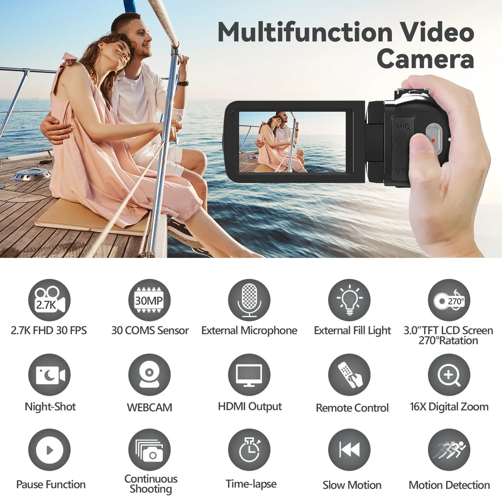 Video Camera for Youtube Camcorder Night Vision Film Camera Full  2.7K 30FPS 30.0   Vlogging Digital Camera, 2 Batteries, Remote
