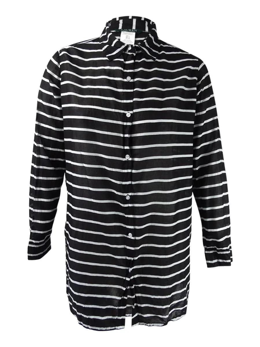 Lauren Ralph Lauren Women's Striped Camp Shirt Cover-Up (Black/White, )