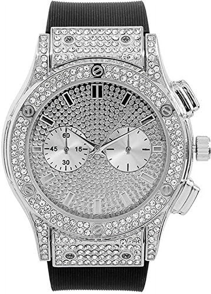 Charles Raymond Big Bling Watch Inspired by Hip Hop - Mens Iced Out Timepiece - Faux Chrono Eyes - Diamond Rhinestones on Blast -  (Silver Rubber Cuban)