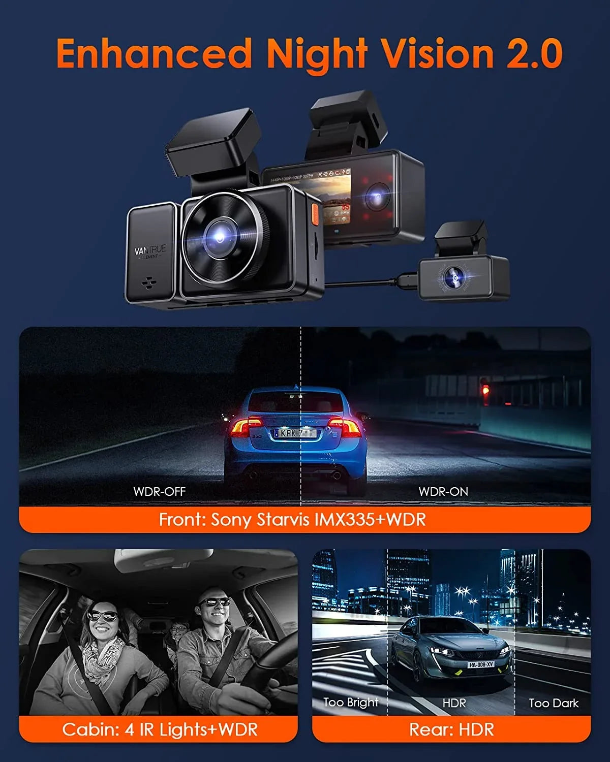 Vantrue  3 Channel 2.5K WiFi Dash Cam Front and Rear Inside, 3 Way Triple  Dash Camera 1944P+1080P+1080P with   Night Vision, Voice Control, 24 Hours Parking Mode, Support 512GB Max