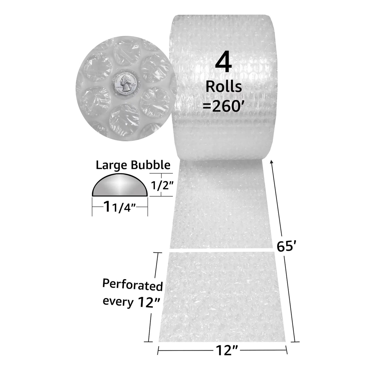 Bubble Cushioning Wrap Roll - 260 ft x 12" wide - Large 1/2" Size Bubbles