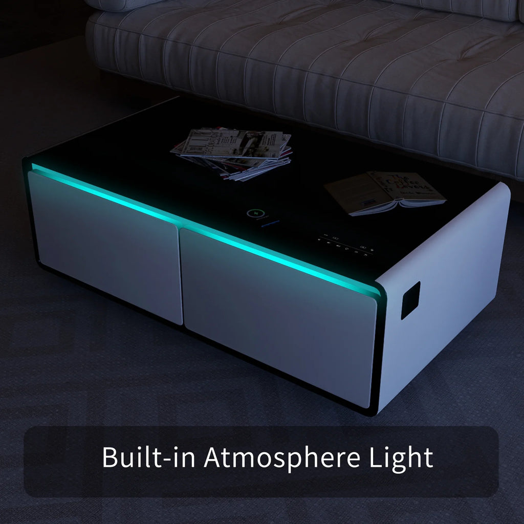 Modern Smart Coffee Table with Built-in Fridge, Bluetooth Speaker, Wireless Charging Module, Touch Control Panel, Power Socket,  Interface, Outlet Protection, Atmosphere light, White