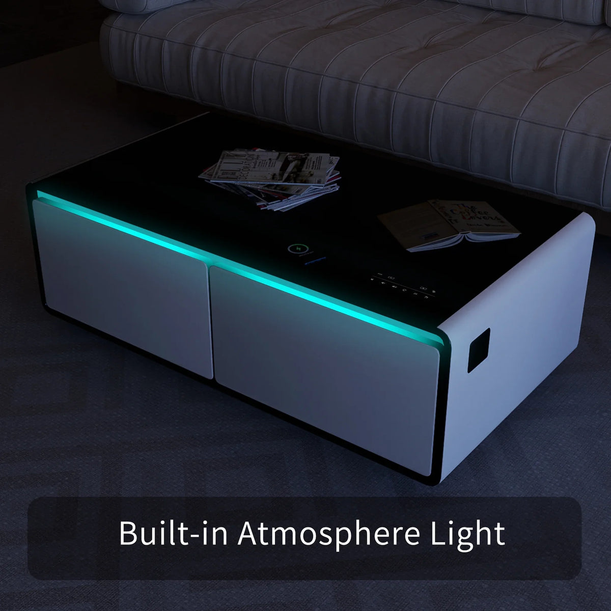 Modern Smart Coffee Table with Built-in Fridge, Bluetooth Speaker, Wireless Charging Module, Touch Control Panel, Power Socket,  Interface, Outlet Protection, Atmosphere light, White