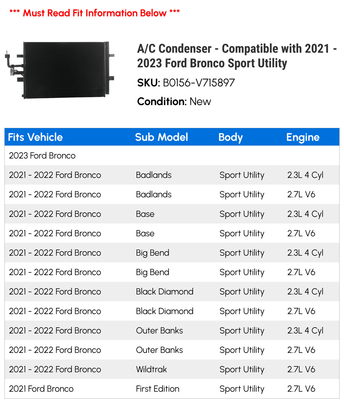 / Condenser - Compatible with 2021 - 2023 Ford Bronco Sport Utility 2022