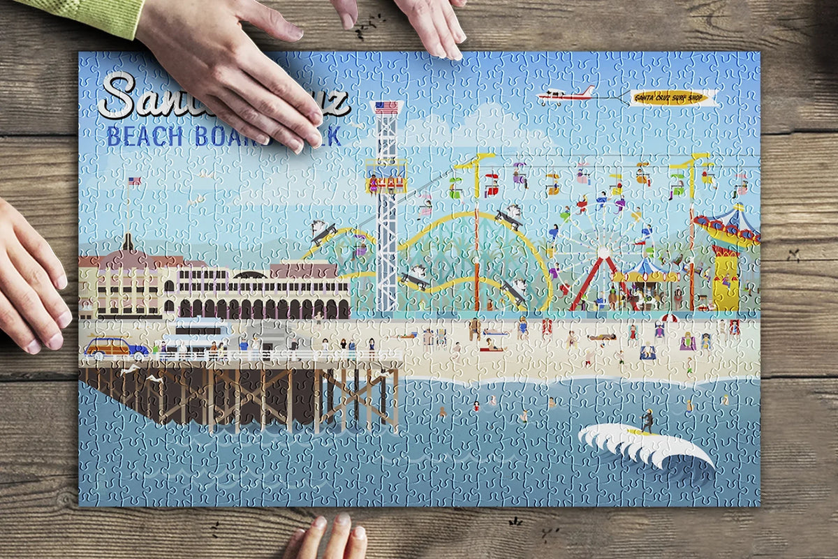 Santa Cruz, California, Retro Scene (19x27 inches, Premium 500 Piece Jigsaw Puzzle for Adults and Family, Made in )