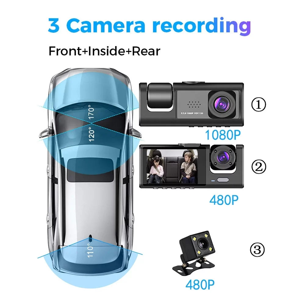 Shinysix 3 Cameras Dash Cam Multi-Language Clear Car Rearview Mirror Car Video Recording Camcorder Wide Angle Car Camera Recorder  Interconnection Auto Safety Driving Recorder