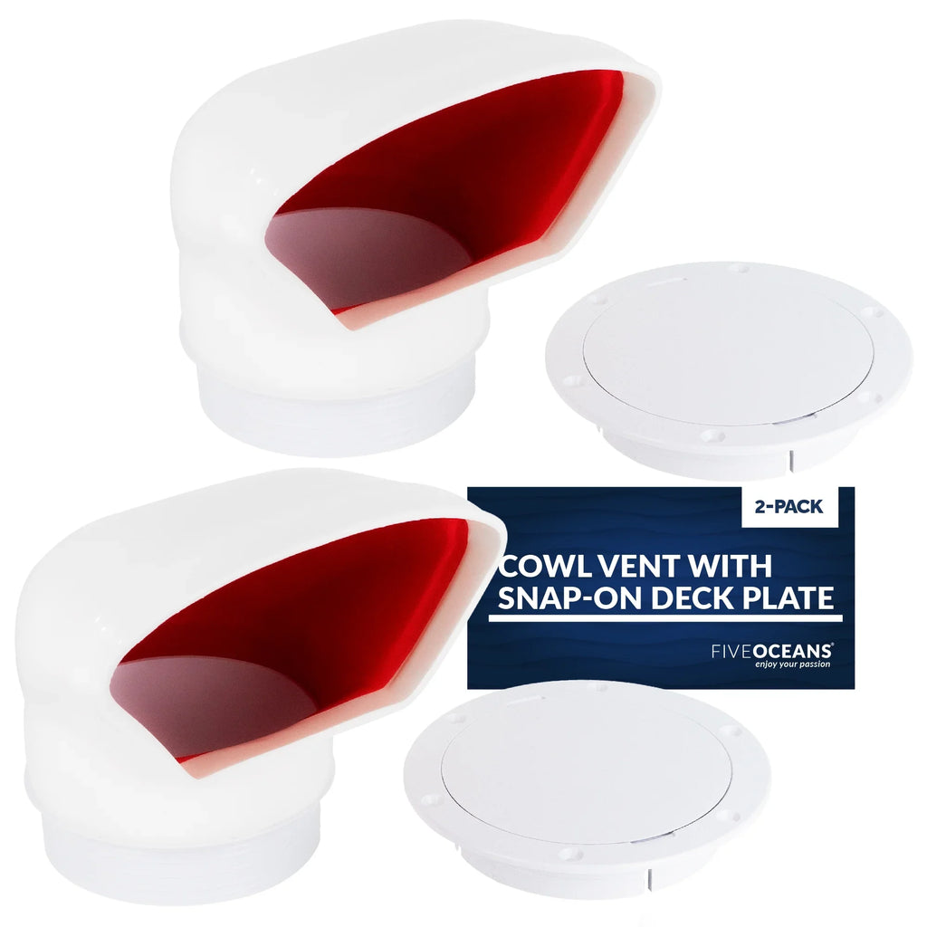 Five Oceans  3-Inch Cowl Vent with Snap-On Deck Plate and Cover, 2 Pack Low Profile -Resistant and Flexible , Red Interior, for Air Intake or Cabin Ventilation - -