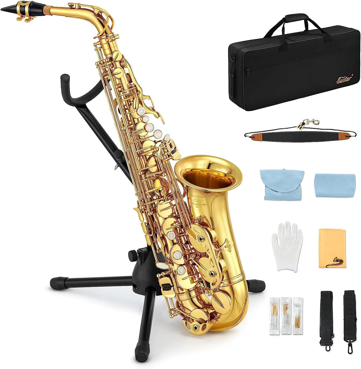 Eastar Alto Saxophone with Stand  Flat Gold Lacquer Student Beginner Sax Full Kit School Band Orchestra Instruments -