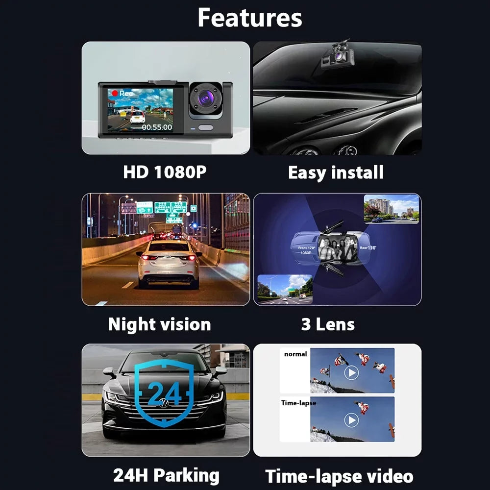 Shinysix 3 Cameras Dash Cam Multi-Language Clear Car Rearview Mirror Car Video Recording Camcorder Wide Angle Car Camera Recorder  Interconnection Auto Safety Driving Recorder