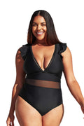 Cupshe Women's Plus Size One Piece Black  Neck Ruffle Mesh Bathing Suit,