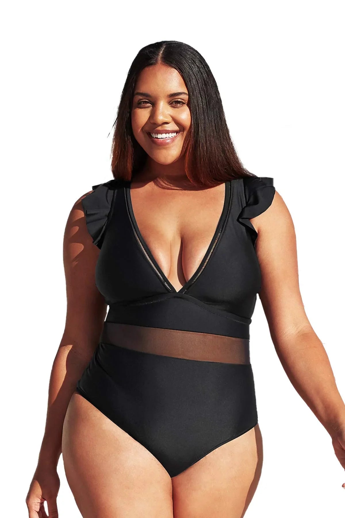 Cupshe Women's Plus Size One Piece Black  Neck Ruffle Mesh Bathing Suit,