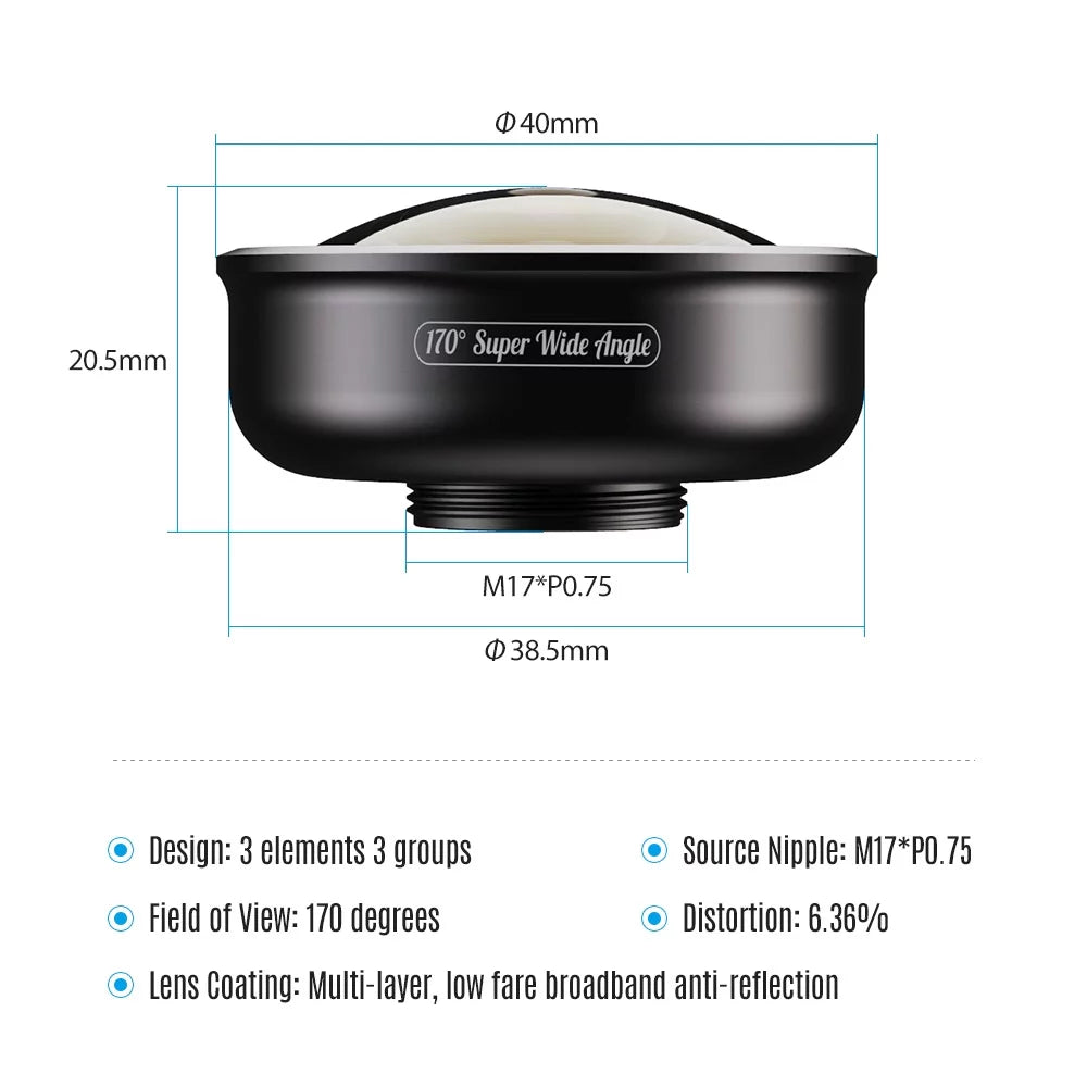 170° Super Wide Angle Lens for Dual Lens / Single Lens Smartphone for Pixel Galaxy Smartphones