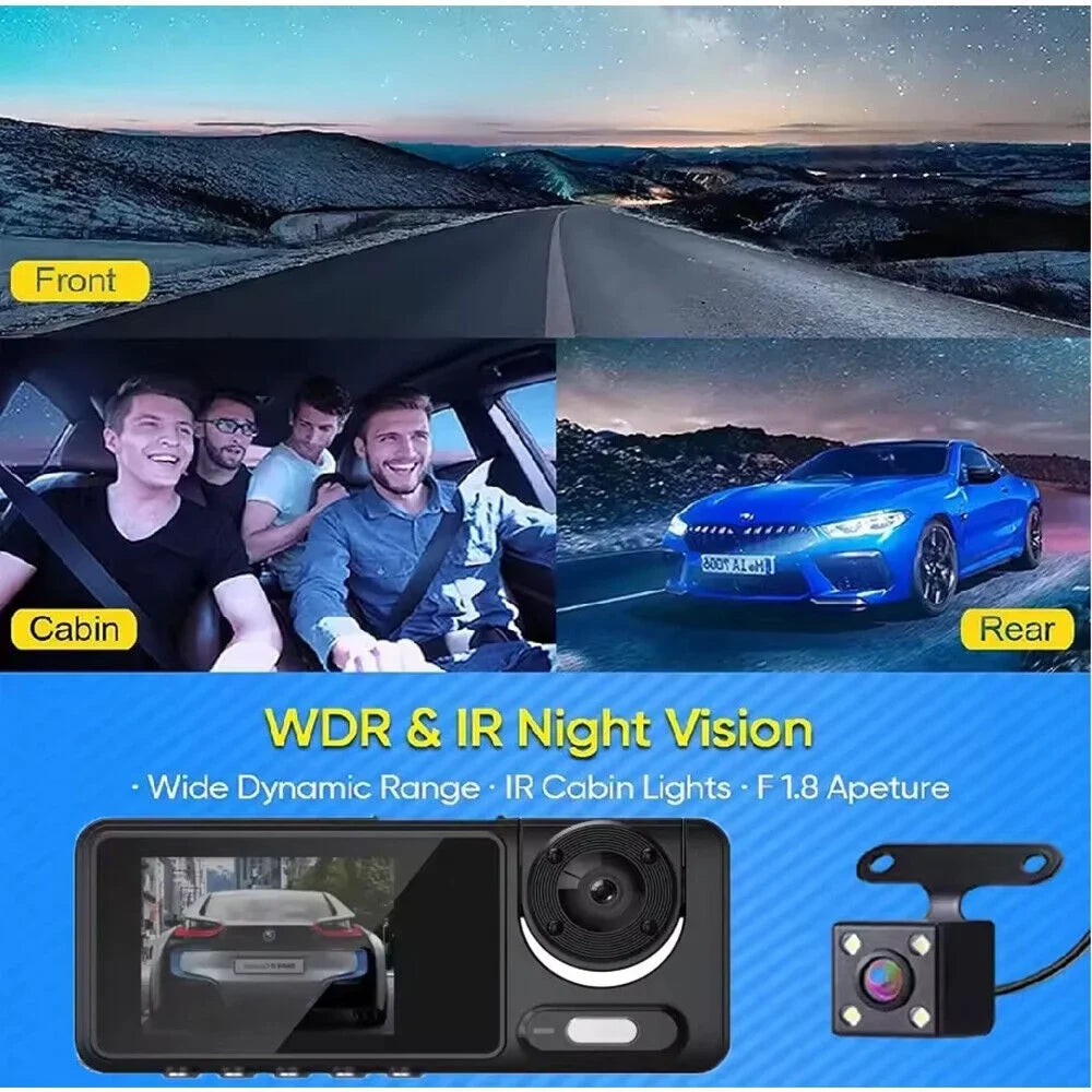 Car Dash Cam 1080P Dual Lens Front/Rear/Inside -sensor Video Recorder Monitor System