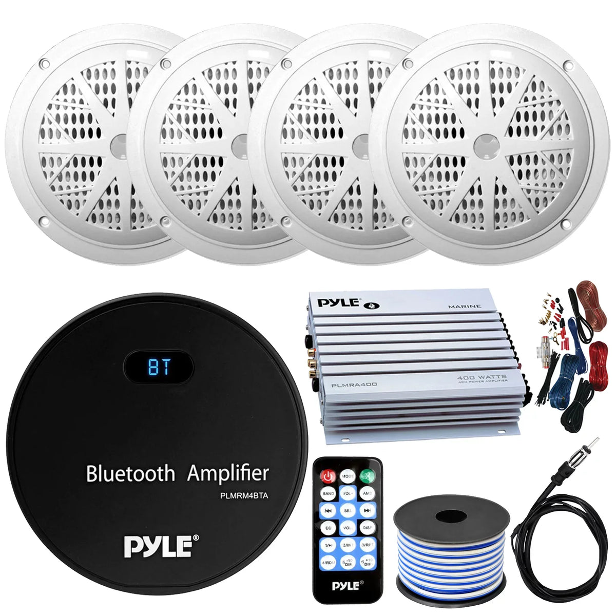 21-29' Pontoon Boat Audio Bundle: Pyle Gauge Style Bluetooth   Marine Receiver Bundle Combo with 4 x 6.5'' 120W White Marine Speakers, 4-Channel Amp w/ Wiring Kit, Speaker Wire, Radio Antenna
