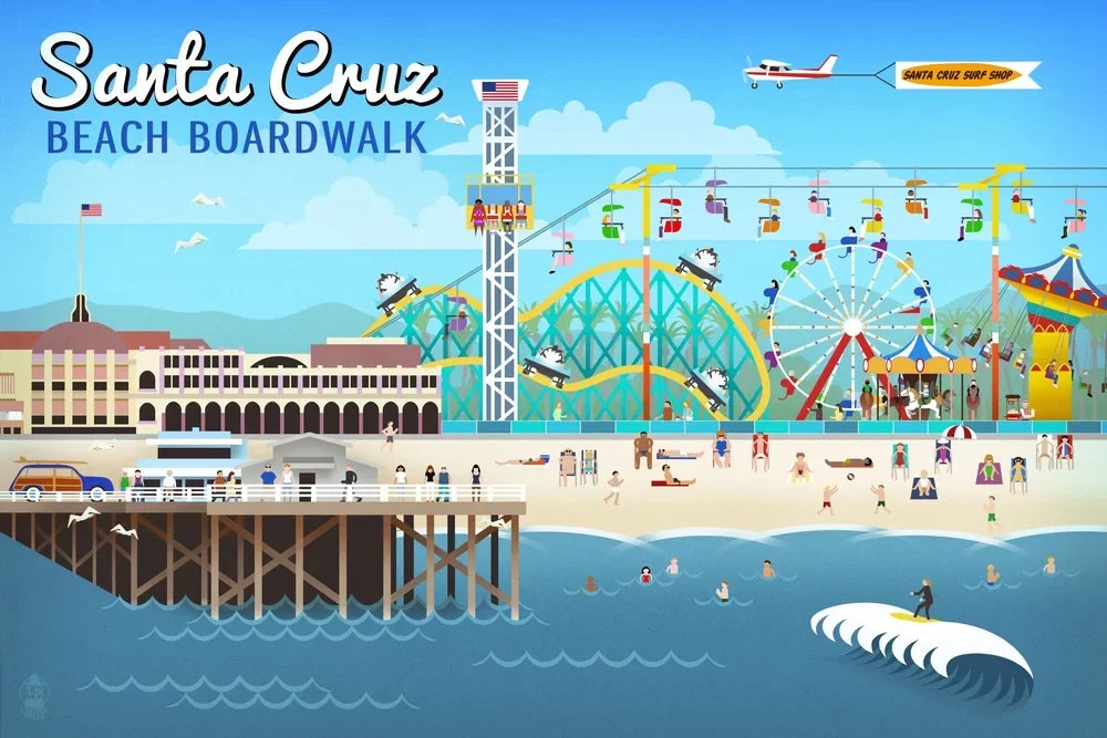 Santa Cruz, California, Retro Scene (19x27 inches, Premium 500 Piece Jigsaw Puzzle for Adults and Family, Made in )
