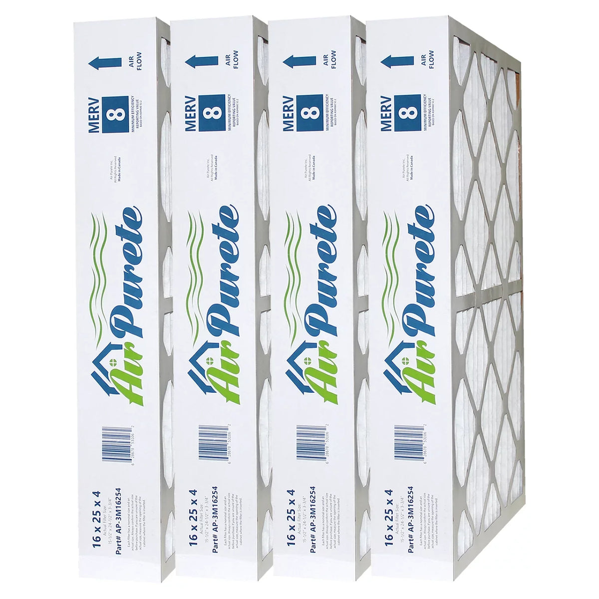 AirPurete Furnace Filters -3M16254 | Pack of 4 | Nominal Size: 16x25x4 | Actual Size: 15-1/2" x 24-1/2" x 3-3/4" | High Capacity  8