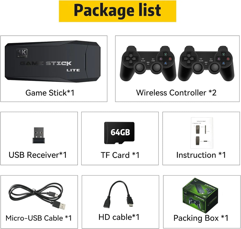 Retro Game Console Stick, 64G Nostalgia Game Stick with 25000+ Video Games, 12 Emulator Console Plug and Play for , Retro Play Compatible with //, 4K  Output, 2.4GHz Wireless Controllers
