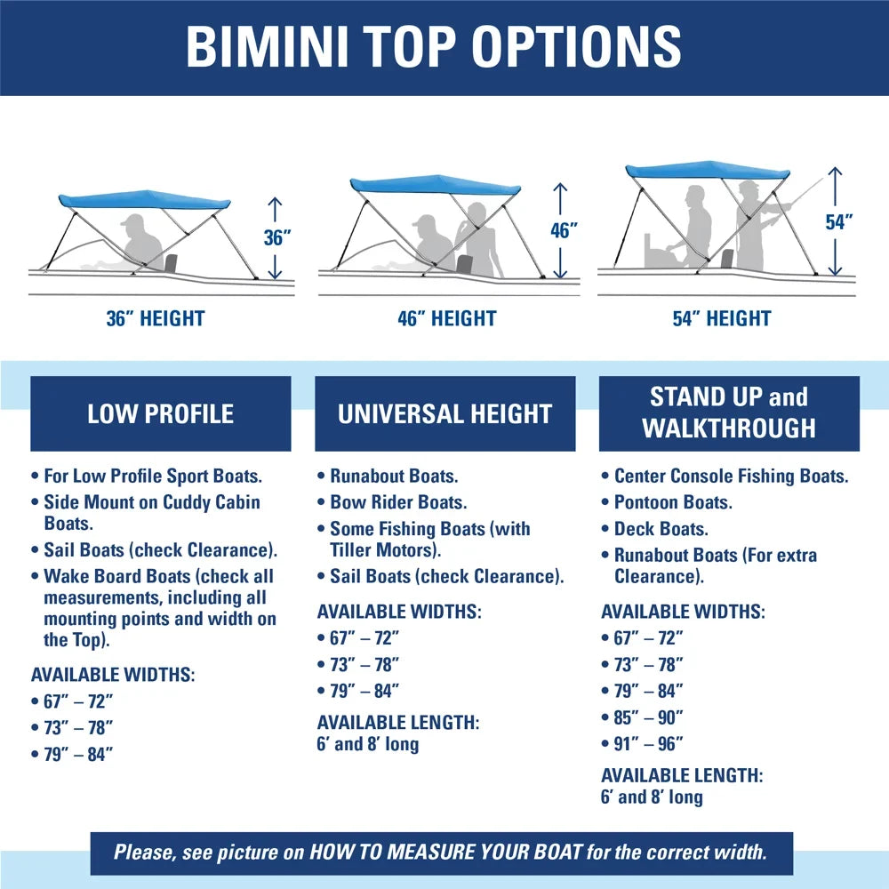 Bimini Top Boat Cover 46" High 3 Bow 6' ft.  x 73" - 78"  Solution Dye