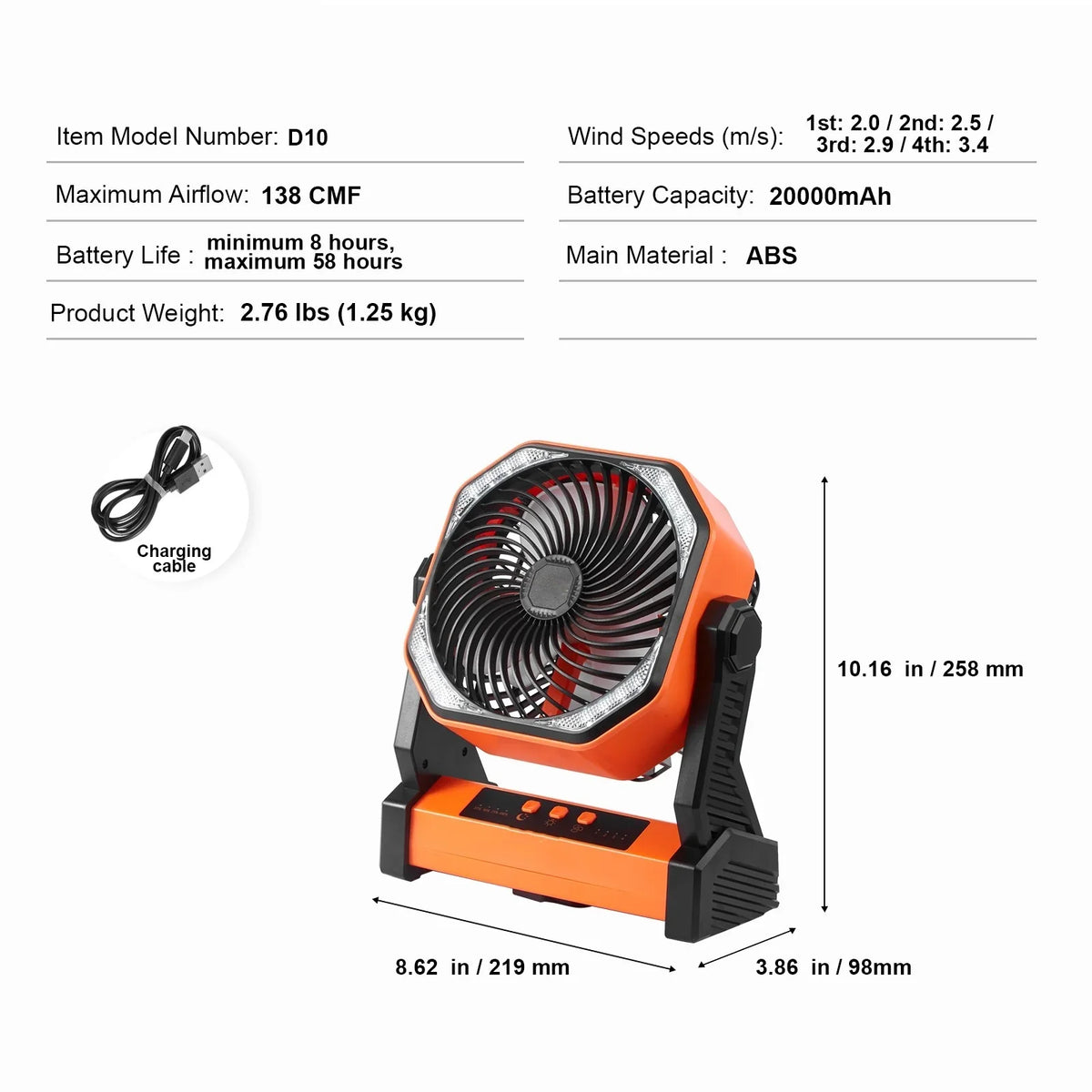 8 inch Portable Fan Rechargeable with  Lantern 4 Speeds Adjustable