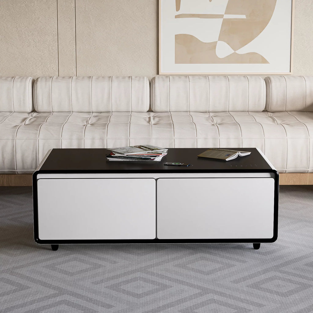 Modern Smart Coffee Table with Built-in Fridge, Bluetooth Speaker, Wireless Charging Module, Touch Control Panel, Power Socket,  Interface, Outlet Protection, Atmosphere light, White
