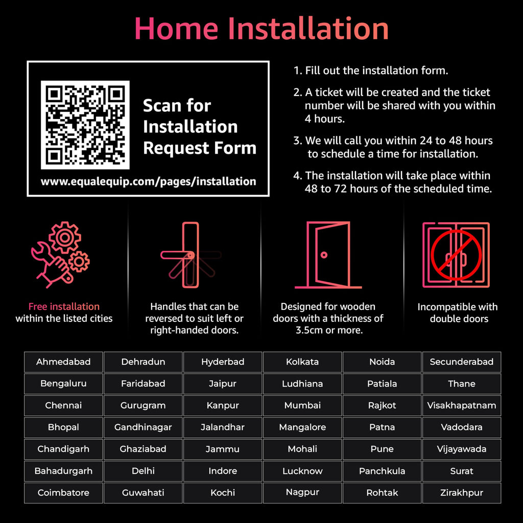 Equal Smart Door Lock  Wifi | 6-Way Unlocking | Fingerprint, Pincode, Rfid Access Card, Mechanical Key, Otp Access, Mobile App (Wifi) For Wooden Doors | 1 Year Brand Wa