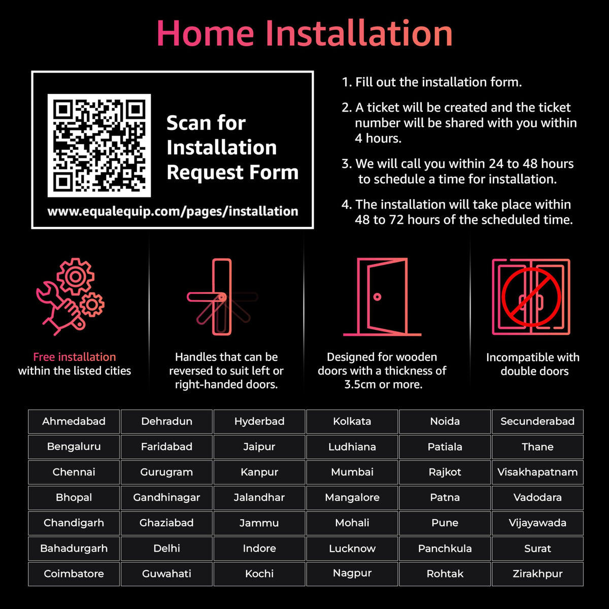 Equal Smart Door Lock  Wifi | 6-Way Unlocking | Fingerprint, Pincode, Rfid Access Card, Mechanical Key, Otp Access, Mobile App (Wifi) For Wooden Doors | 1 Year Brand Wa