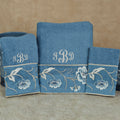 Dublin Rose Embroidered Floral Blue Cotton Bath Towel Set of 3