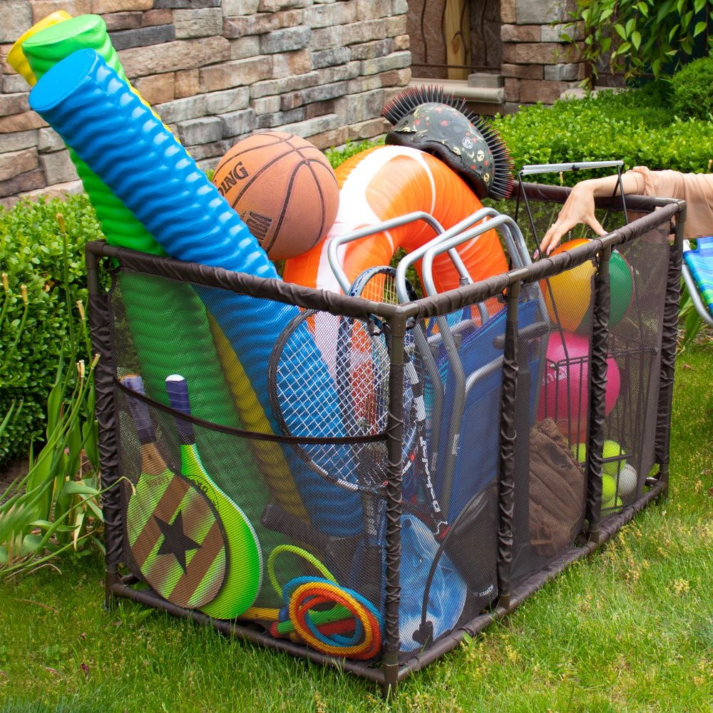 Essentially Yours Pool Noodles Holder, Toys, Balls, Floats and Equipment Mesh Rolling Storage Organizer Bin, Kids Height, Large, (43"  x 25"  x 28" ), Brown Style 563009