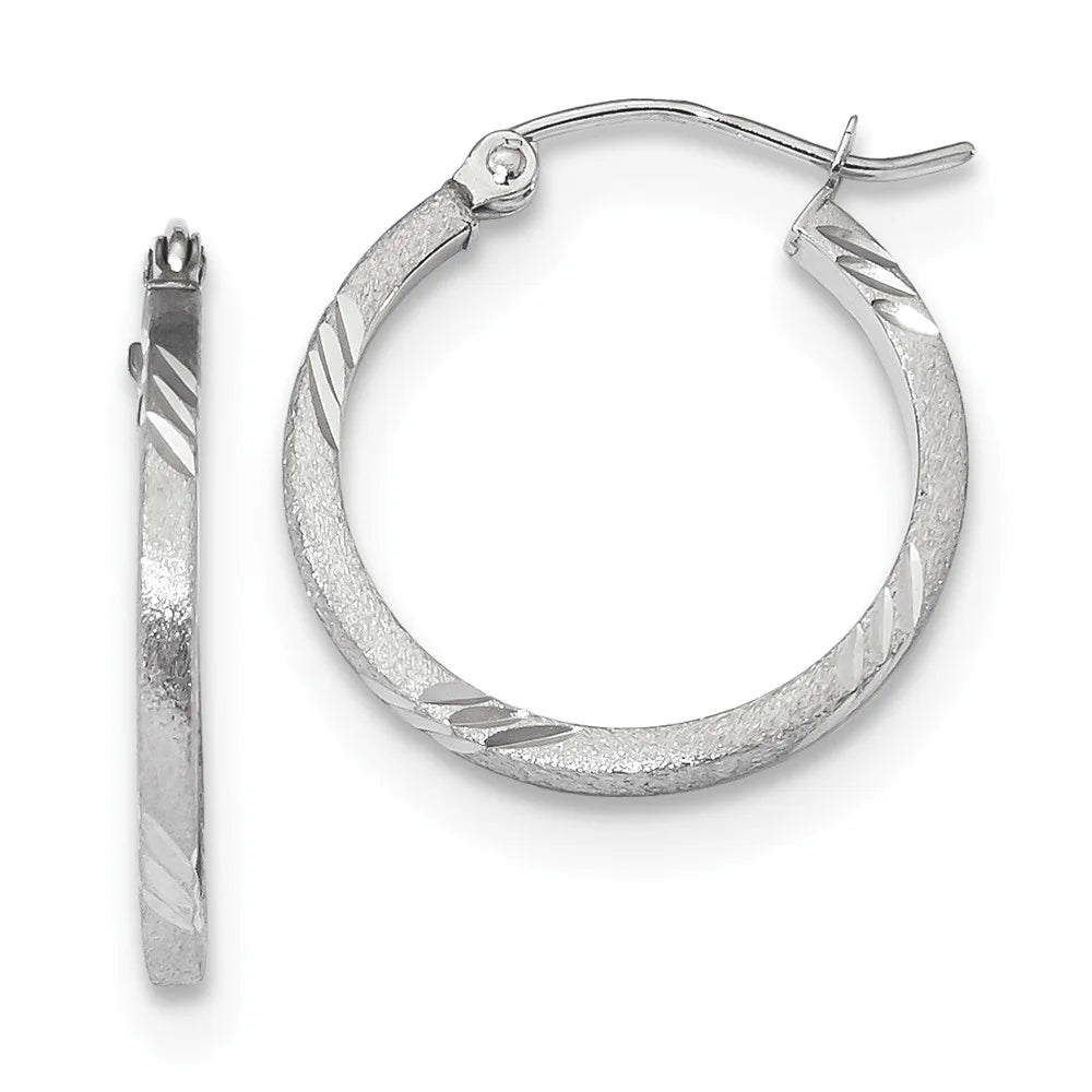 Real 14kt White Gold Satin Diamond-cut Princess Square Tube Hoop Earrings; for Adults and Teens; for Women and Men
