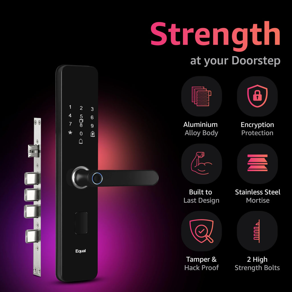 Equal Smart Door Lock  Wifi | 6-Way Unlocking | Fingerprint, Pincode, Rfid Access Card, Mechanical Key, Otp Access, Mobile App (Wifi) For Wooden Doors | 1 Year Brand Wa