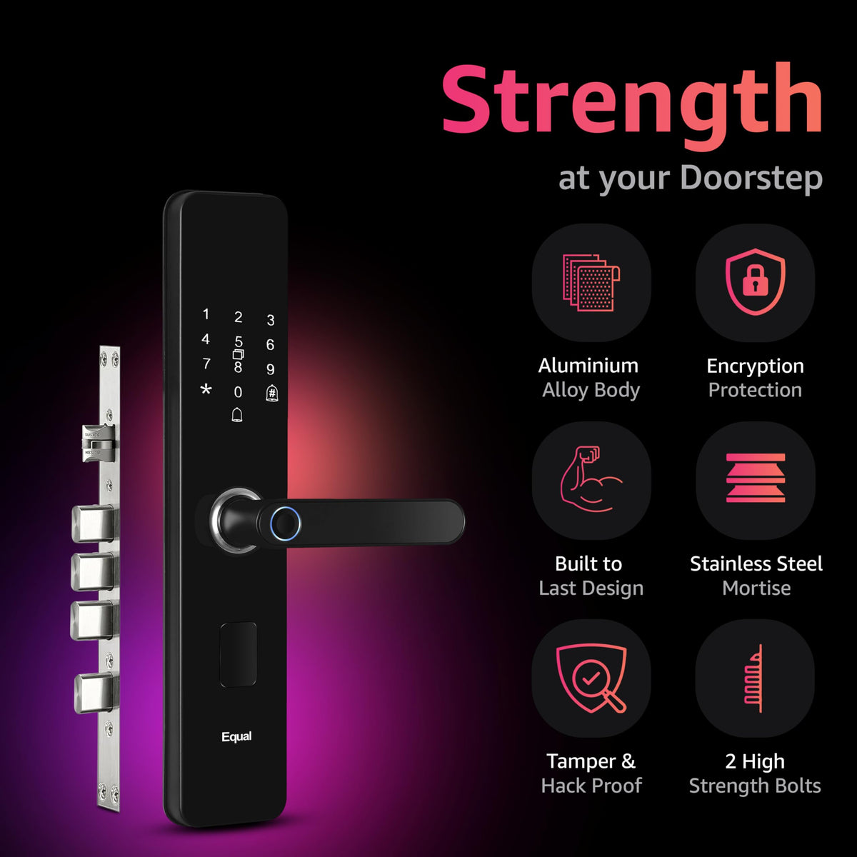Equal Smart Door Lock  Wifi | 6-Way Unlocking | Fingerprint, Pincode, Rfid Access Card, Mechanical Key, Otp Access, Mobile App (Wifi) For Wooden Doors | 1 Year Brand Wa