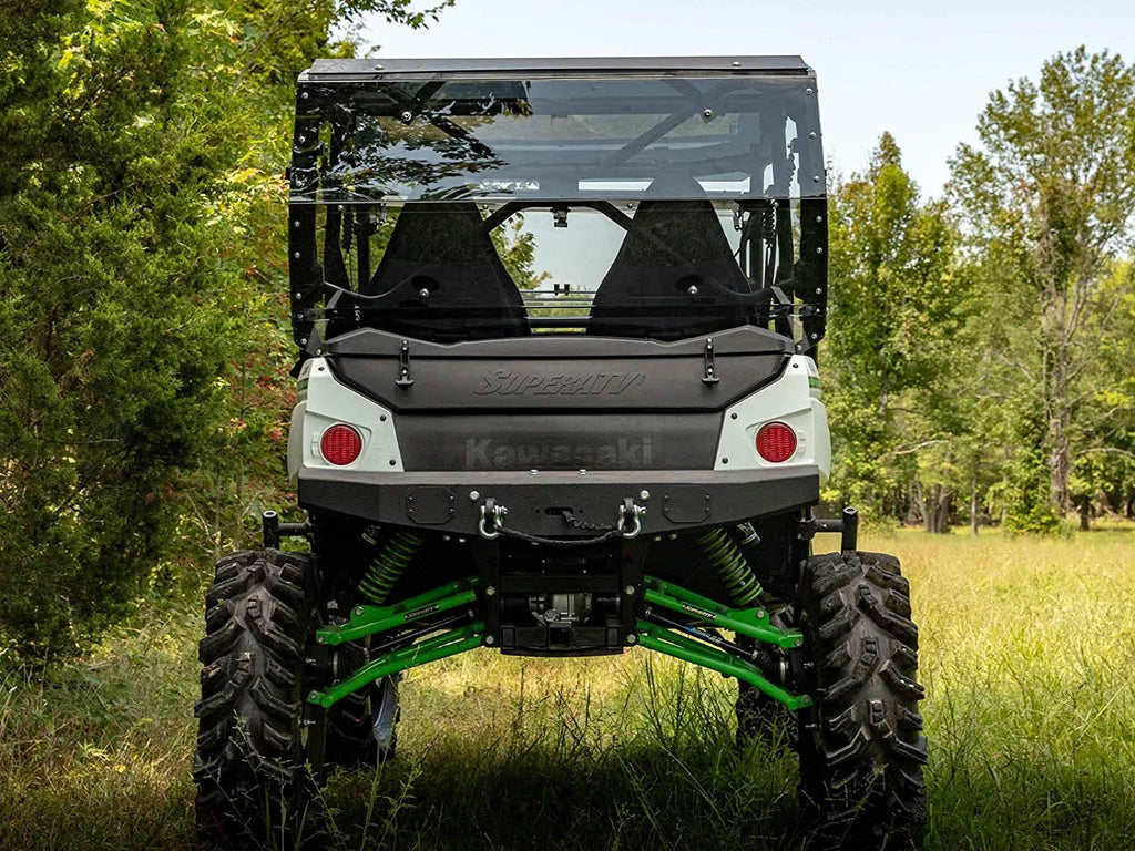 SuperATV Heavy Duty Rear Windshield for 2014+ Kawasaki Teryx 4 800 / 2021+ Teryx 4  1/4" Thick Lightly Tinted Polycarbonate 250x Stronger Than Glass Protects You From Flying Debris Made in !