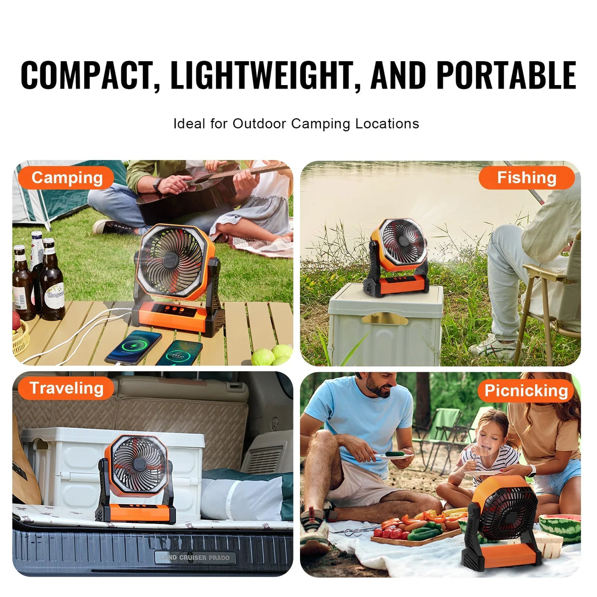8 inch Portable Fan Rechargeable with  Lantern 4 Speeds Adjustable