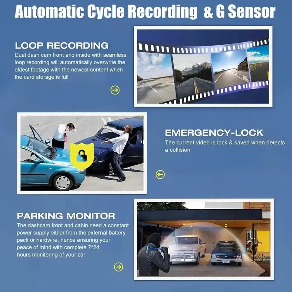 Car Dash Cam 1080P Dual Lens Front/Rear/Inside -sensor Video Recorder Monitor System