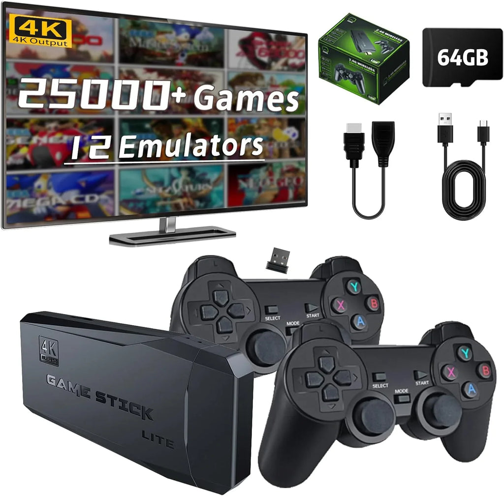 Retro Game Console Stick, 64G Nostalgia Game Stick with 25000+ Video Games, 12 Emulator Console Plug and Play for , Retro Play Compatible with //, 4K  Output, 2.4GHz Wireless Controllers