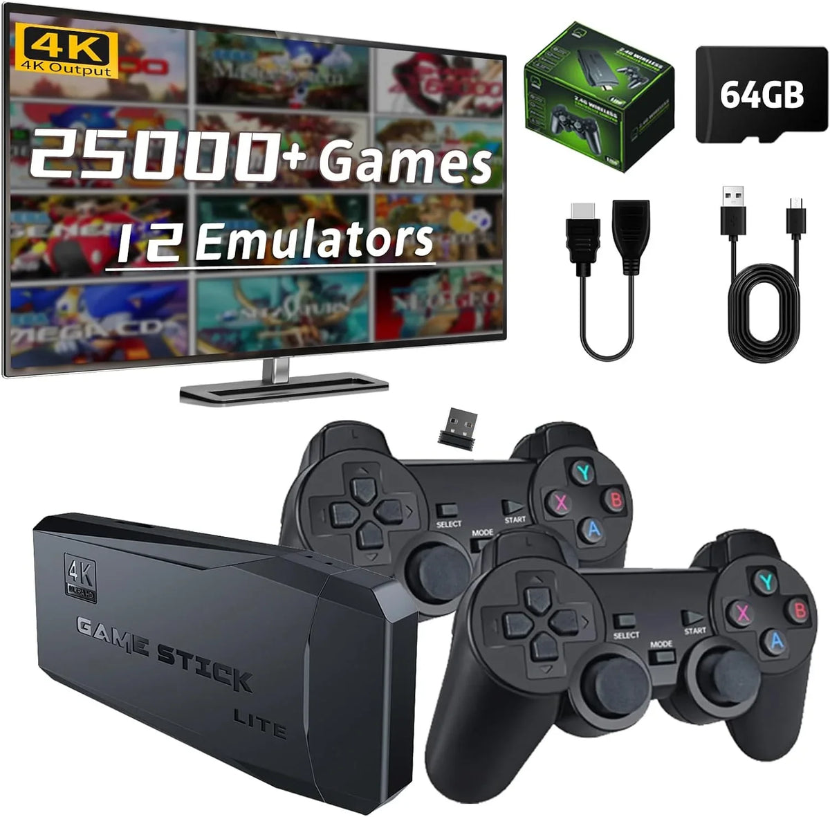 Retro Game Console Stick, 64G Nostalgia Game Stick with 25000+ Video Games, 12 Emulator Console Plug and Play for , Retro Play Compatible with //, 4K  Output, 2.4GHz Wireless Controllers