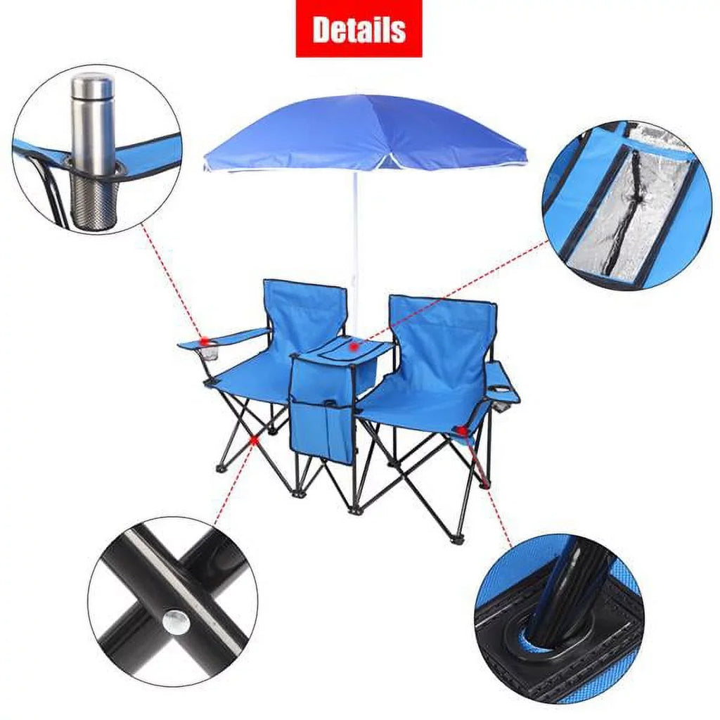 Double Outdoor Folding Beach Chair, High Strength Camping Chair with Mini Table Beverage Holder Carrying Bag, for Beach Patio Pool Park Outdoor Portable Camping Chair, Blue