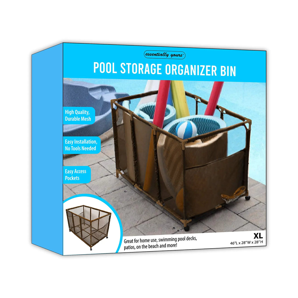 Essentially Yours Pool Noodles Holder, Toys, Balls, Floats and Equipment Mesh Rolling Storage Organizer Bin, Kids Height, Large, (43"  x 25"  x 28" ), Brown Style 563009