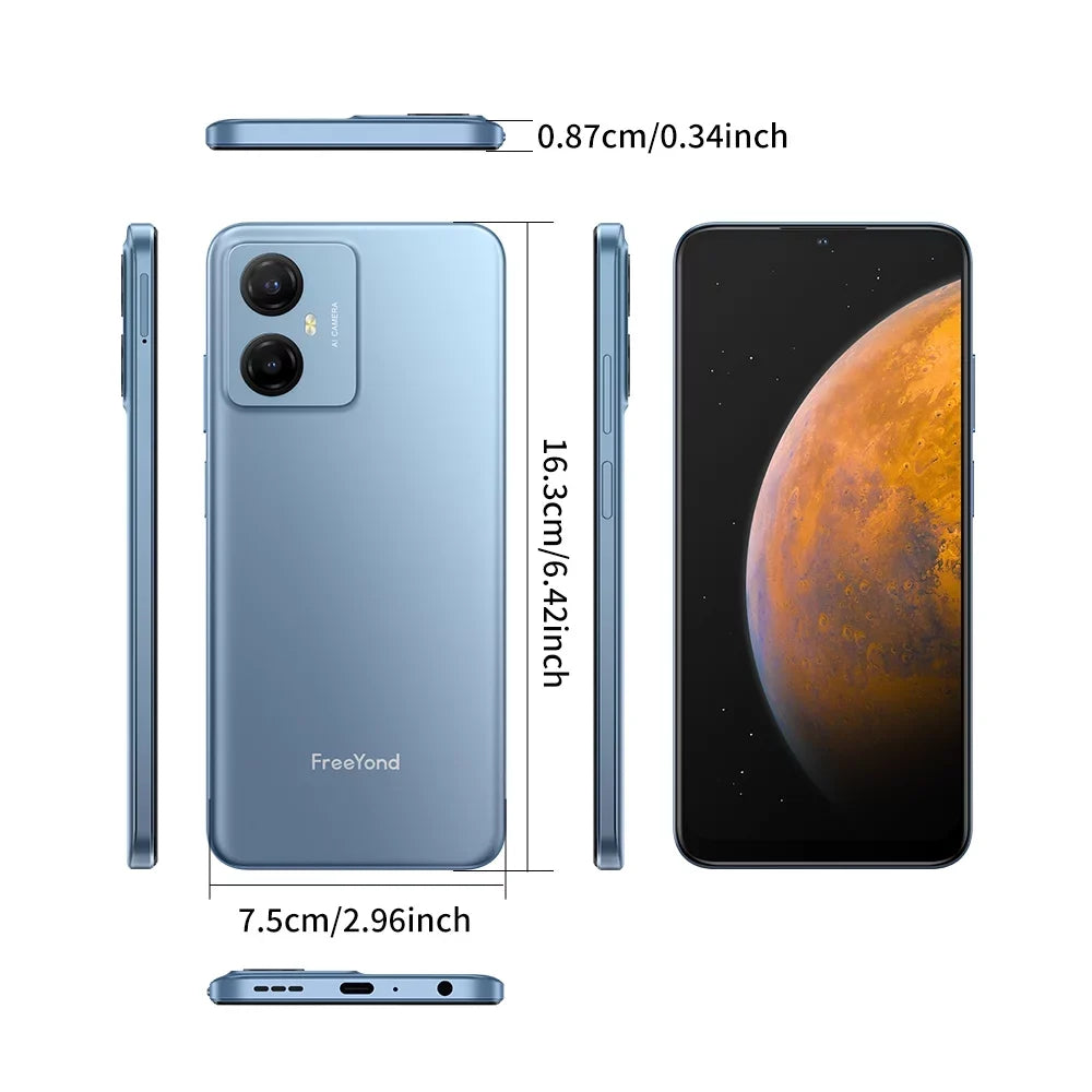 FreeYond  Smartphone, +6.52" Display Dual Sim, Battery 5000 MAh, 64GB/128GB Rom, Real Dual Camera 13+8MP With 2MP Macro