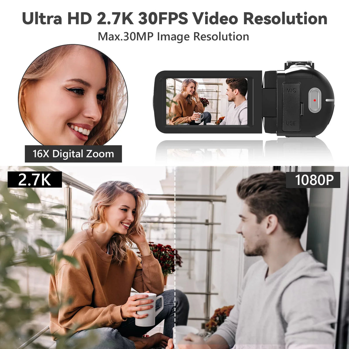 Video Camera for Youtube Camcorder Night Vision Film Camera Full  2.7K 30FPS 30.0   Vlogging Digital Camera, 2 Batteries, Remote