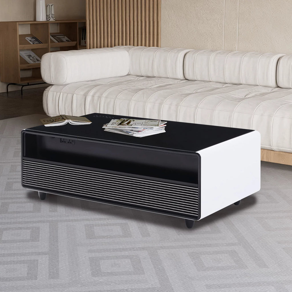 Modern Smart Coffee Table with Built-in Fridge, Bluetooth Speaker, Wireless Charging Module, Touch Control Panel, Power Socket,  Interface, Outlet Protection, Atmosphere light, White
