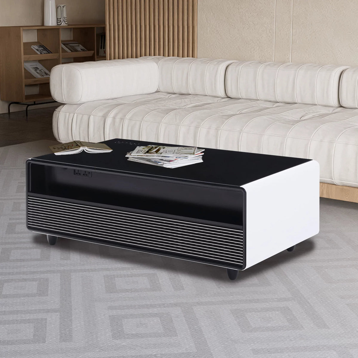 Modern Smart Coffee Table with Built-in Fridge, Bluetooth Speaker, Wireless Charging Module, Touch Control Panel, Power Socket,  Interface, Outlet Protection, Atmosphere light, White