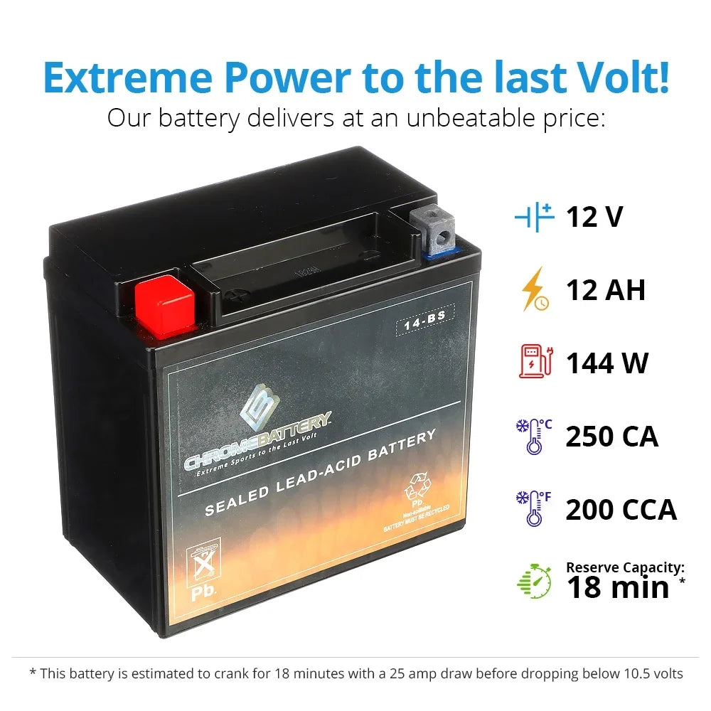 Chrome Battery - (14- 12 Volt,12 Ah, 200 ) Motorcycle Battery for Honda 1100cc Vt1100c, ,  Shadow (spirit, Aero, . . . Tourer) 2007