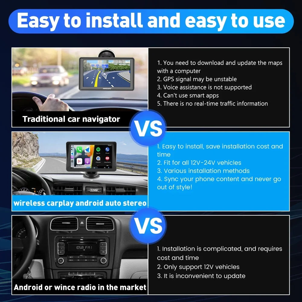Awesafe 7 inch Touch Screen Wireless Apple Carplay Car Stereo with Android Auto Support Bluetooth ,  Navigation, Audio, Music, Video