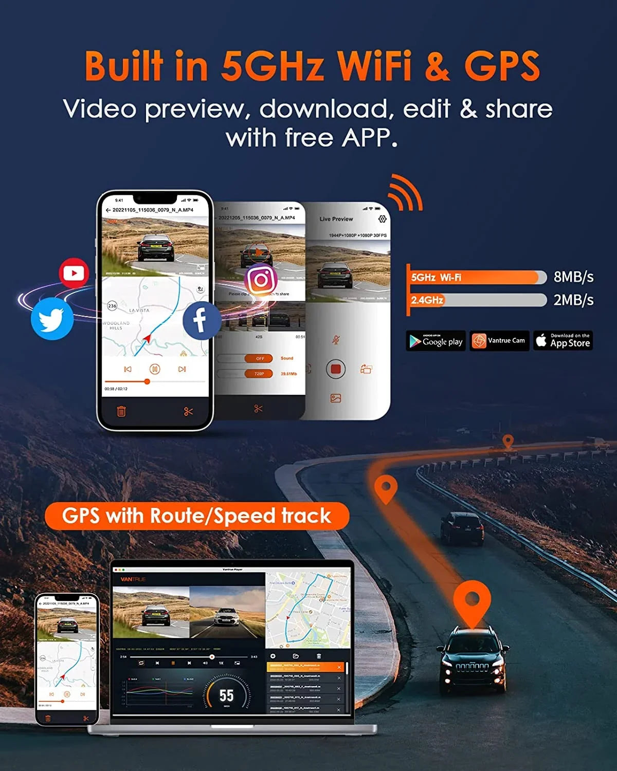 Vantrue  3 Channel 2.5K WiFi Dash Cam Front and Rear Inside, 3 Way Triple  Dash Camera 1944P+1080P+1080P with   Night Vision, Voice Control, 24 Hours Parking Mode, Support 512GB Max