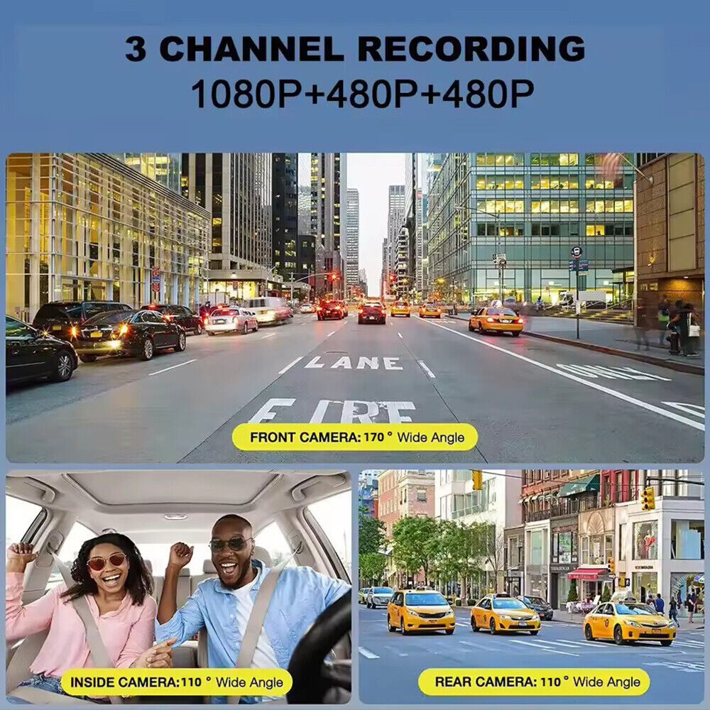 Car Dash Cam 1080P Dual Lens Front/Rear/Inside -sensor Video Recorder Monitor System