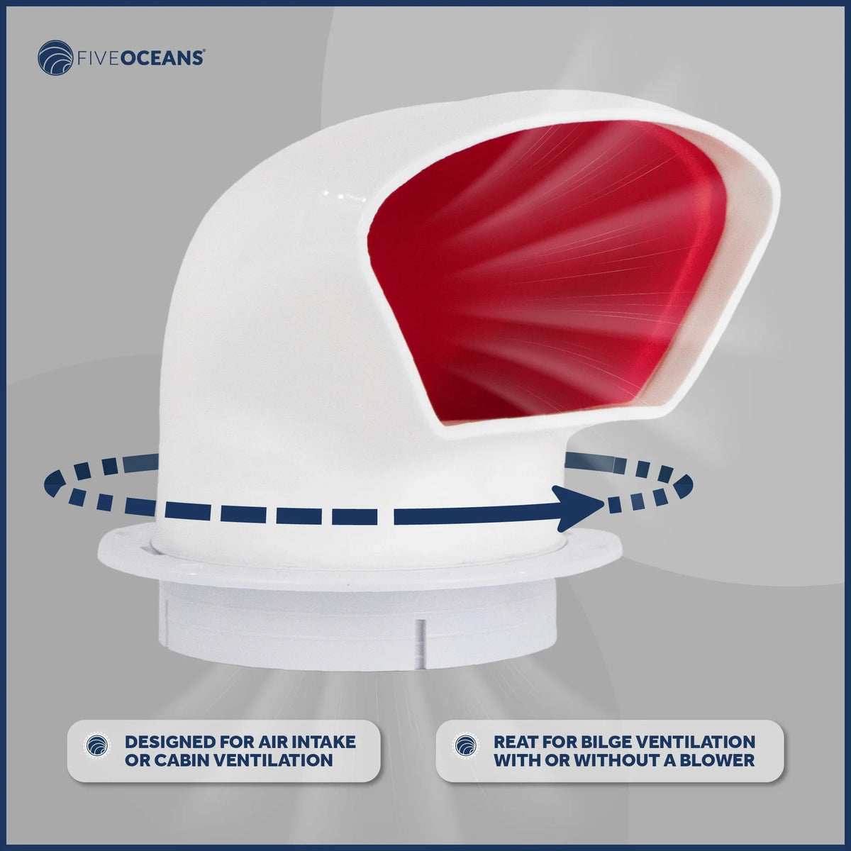 Five Oceans  3-Inch Cowl Vent with Snap-On Deck Plate and Cover, 2 Pack Low Profile -Resistant and Flexible , Red Interior, for Air Intake or Cabin Ventilation - -