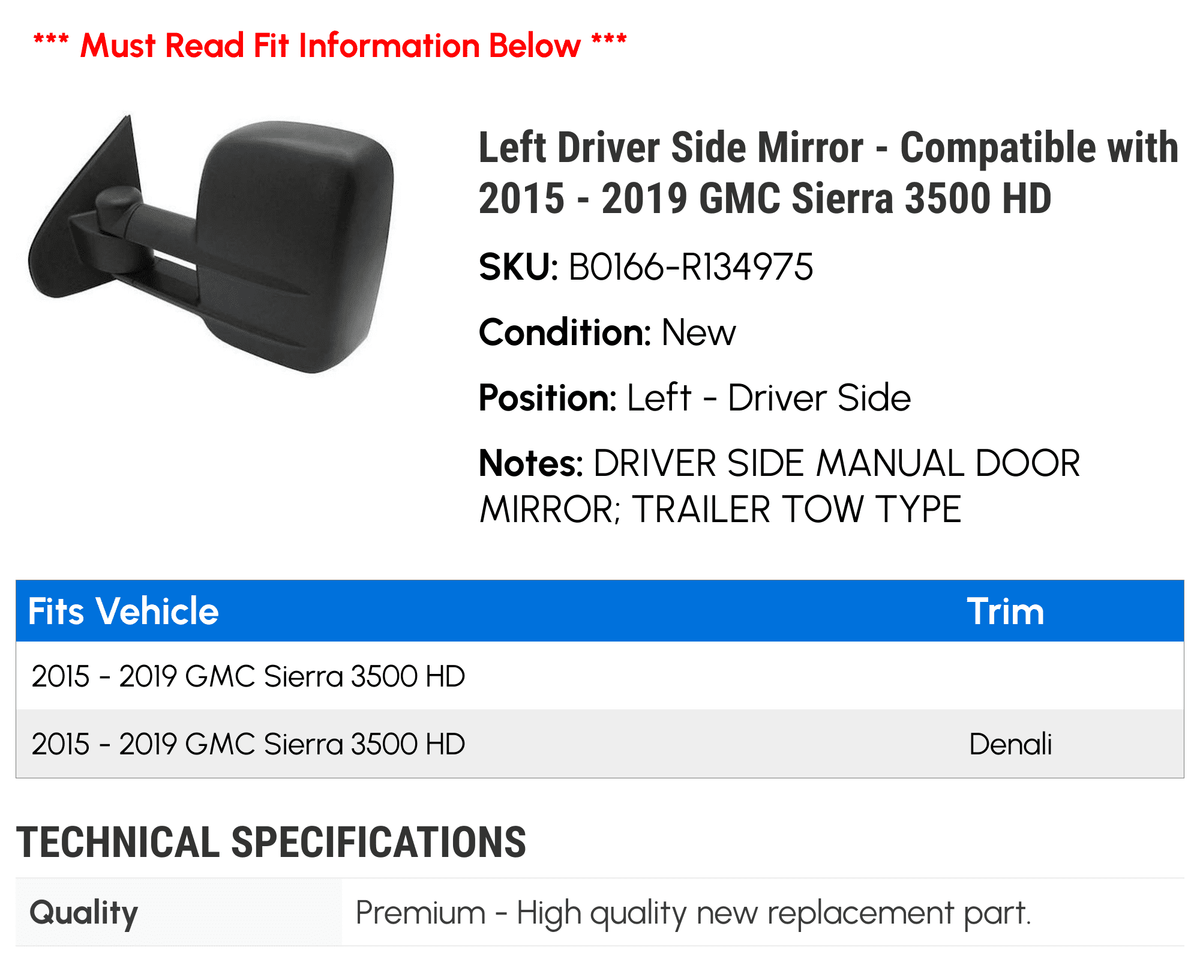 Left Driver Side Mirror - Compatible with 2015 - 2019  Sierra 3500  2016 2017 2018