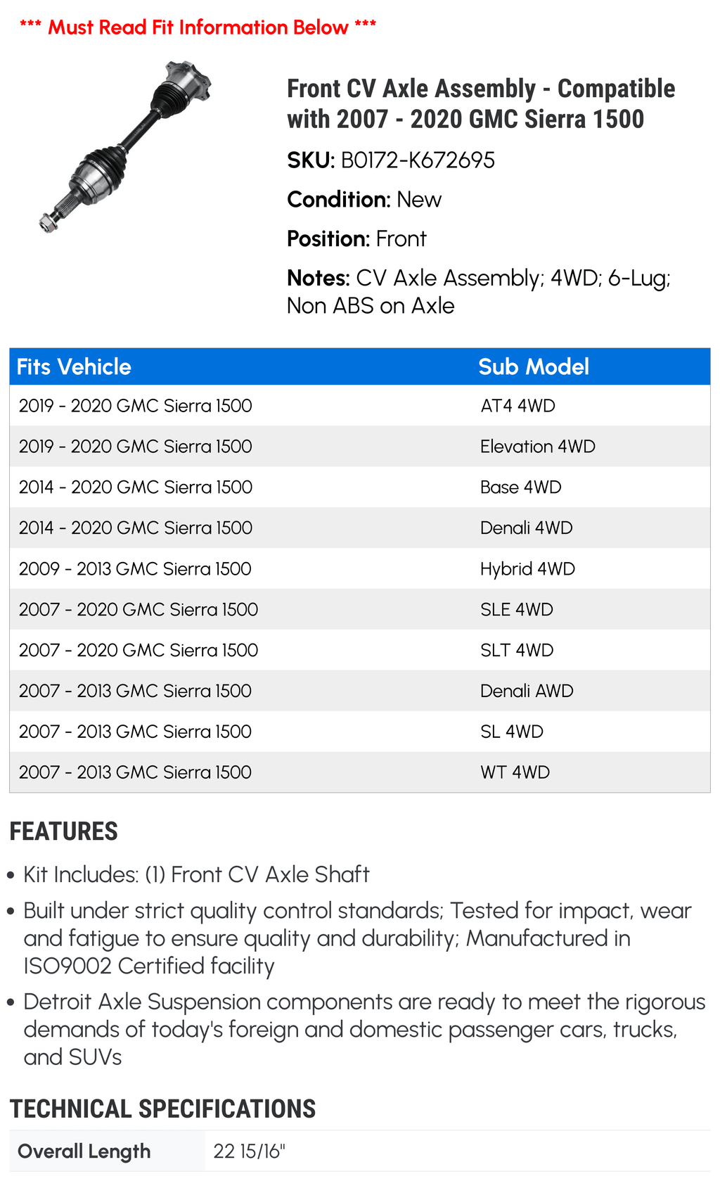 Front  Axle Assembly - Compatible with 2007 - 2020  Sierra 1500 2008 2009 2010 2011 2012 2013 2014 2015 2016 2017 2018 2019